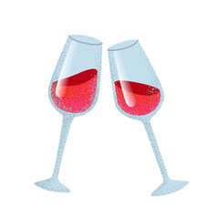 Two red wine glasses. Cheers with wine glasses. Concept of celebration for Valentine's Day, Christmas, and birthdays. Vector illustration isolated on a white background