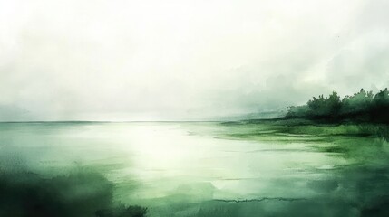 Calm water landscape with soft green tones and misty sky ideal for background design with Copy Space