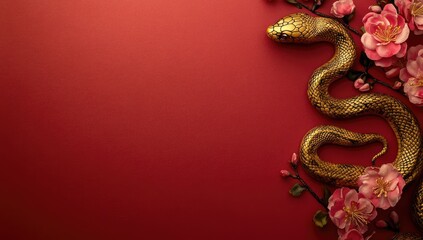 Fototapeta premium Elegant Chinese New Year-themed background featuring a golden snake coiled amidst vibrant pink cherry blossoms on a rich red backdrop. Ideal for festive designs, event invitations