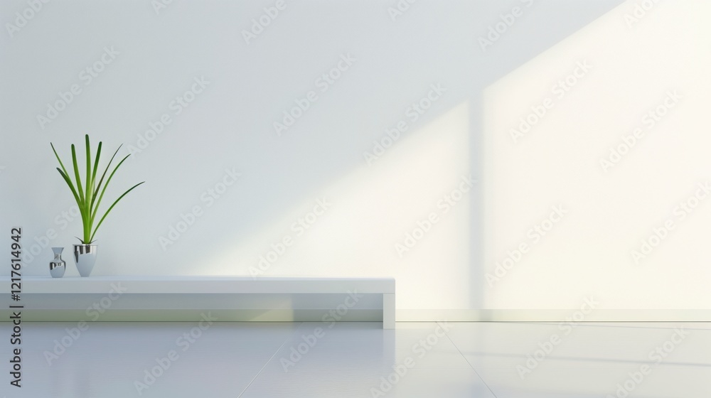Poster a white room with a white bench and a plant on it. the room is empty and has a minimalist feel. ai g