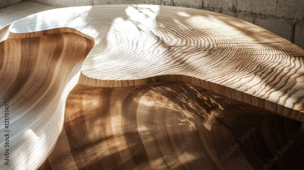 Poster artistic close-up of a unique wooden tabletop featuring intricate patterns and shadows with ample co