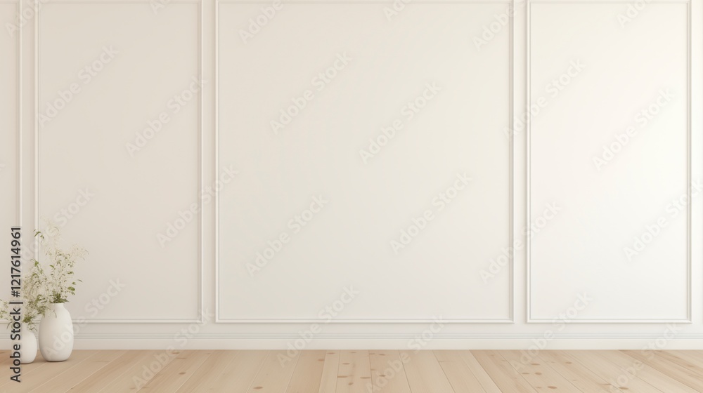 Poster a white room with a large wall and a small vase on the floor. the room is empty and has a minimalist