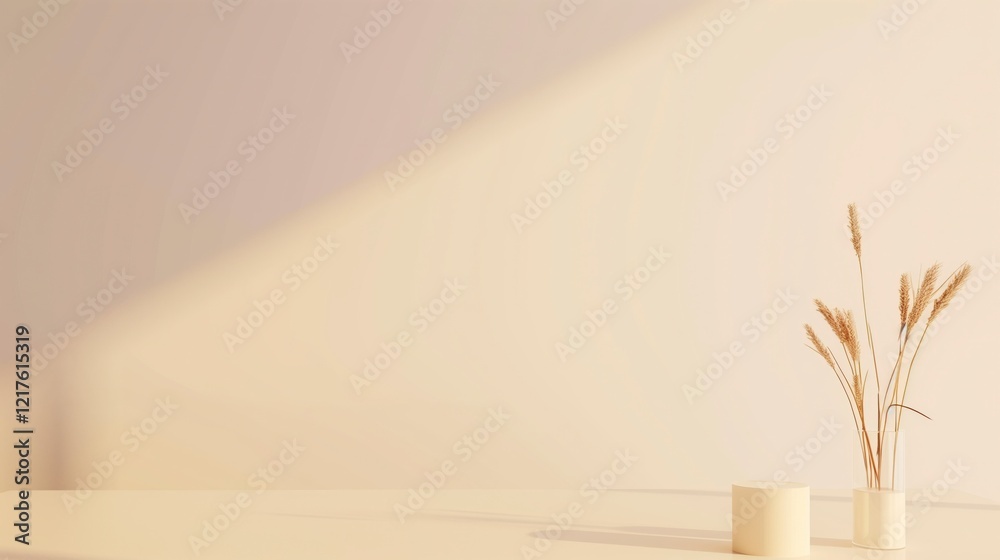Fototapete a white vase with flowers sits on a table in front of a wall. the vase is filled with dried grass, g