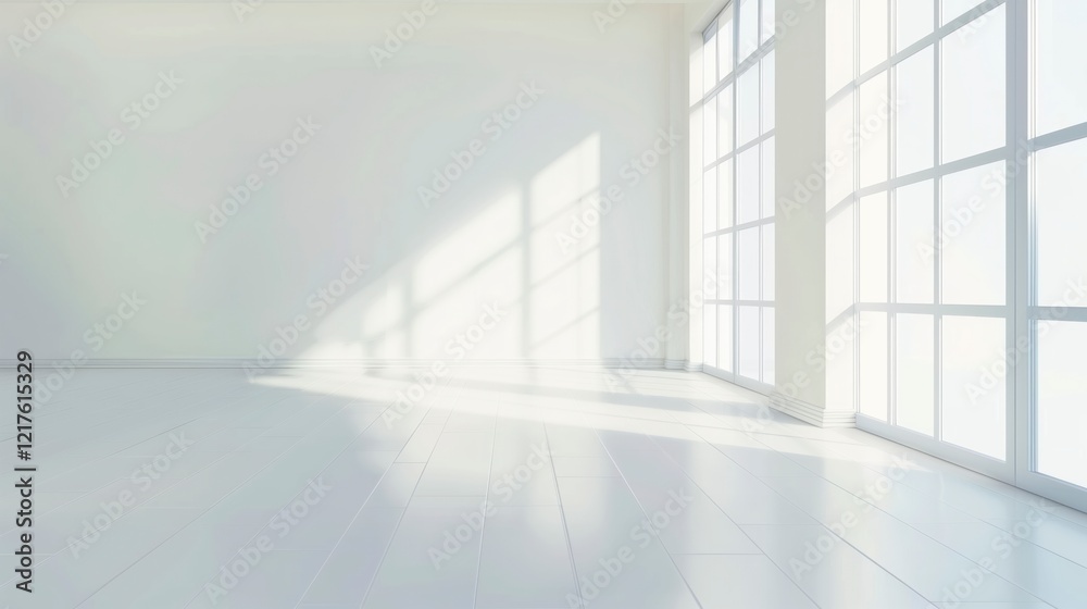 Poster a large, empty room with white walls and white flooring. the room is illuminated by sunlight coming 