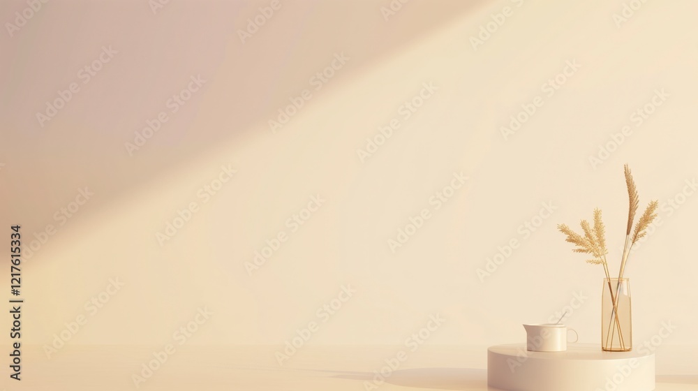 Leinwandbilder a white vase with flowers sits on a white table. the vase is filled with dried grass and the table i