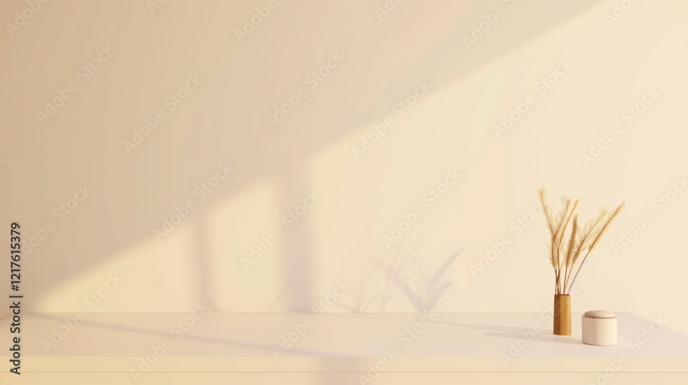 Poster a white wall with a vase of flowers on a table. the vase is empty and the flowers are brown. the roo