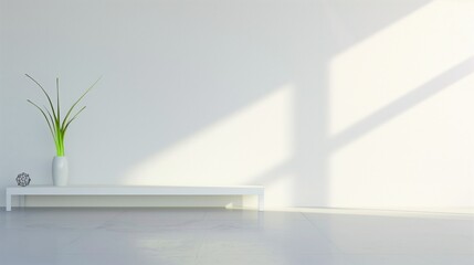 A white room with a white table and a white vase with a green plant on it. The room is empty and has a minimalist feel. AI generated.