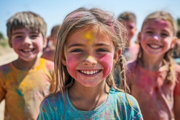 Fototapeta premium A group of smiling children covered in colorful powder, celebrating joyfully outdoors during a festival