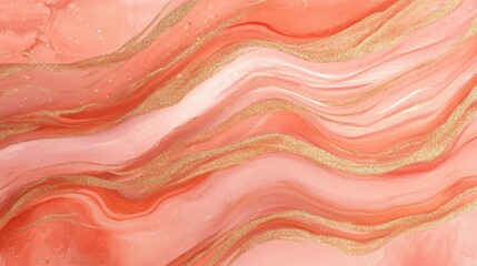 Abstract fluid art background with soft coral waves and golden accents, ideal for use as a backdrop or in design projects, Copy Space