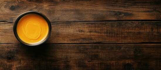 Bowl of orange soup on rustic wooden table with ample copy space for text insertion