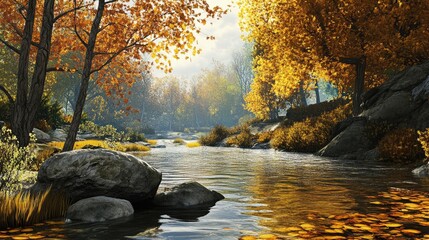 Obraz premium Autumn landscape with a calm river surrounded by colorful trees and rocks in a natural setting Copy Space
