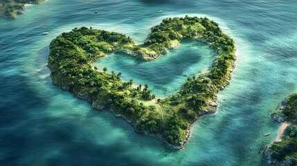 Aerial view of heart-shaped island surrounded by crystal-clear waters, evoking romance and serenity...