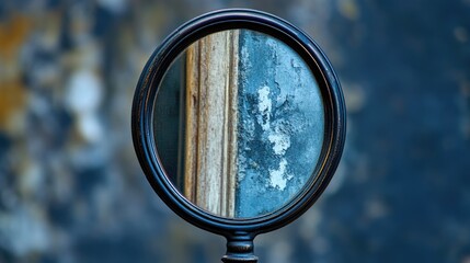 Fototapeta premium Round vintage mirror reflecting worn wall textures with natural colors and Copy Space for text placement