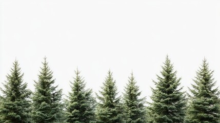 Row of evergreen trees with white background and copy space for text placement