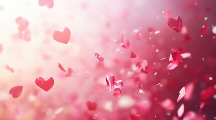 Obraz premium Red heart-shaped confetti floating against a soft pink background with bokeh lights and ample copy space for text insertion