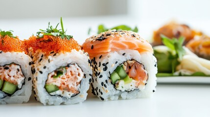 Close-up view of assorted sushi rolls with salmon, shrimp, and cucumber garnished with fish roe and sesame seeds on a white plate Copy Space