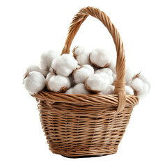 A woven basket filled with fluffy cotton balls on a bright transparent background creating a fresh and natural look in a minimalist setting, cotton in the basket on transparent background