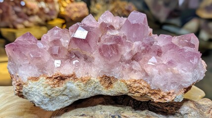 Obraz premium Purple quartz crystal cluster with prominent faceted formation on natural rock base Copy Space