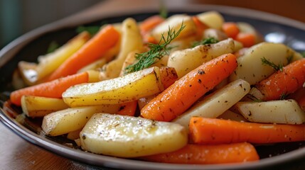Roasted root vegetables platter featuring carrots and potatoes with herbs on a dark plate Copy Space
