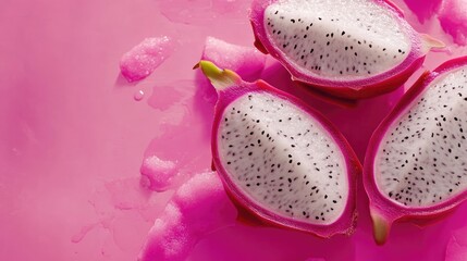 Sliced dragon fruit on pink background with moisture droplets and copy space for text