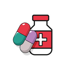 Pharmacy and medical icons. Capsule, pill, and tablet vector designs. Outline, line, and filled versions. Healthcare symbol and logo illustration