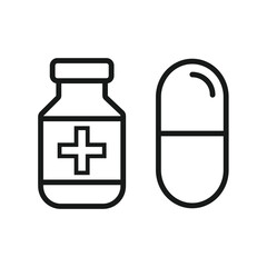 Pharmacy and medical icons. Capsule, pill, and tablet vector designs. Outline, line, and filled versions. Healthcare symbol and logo illustration