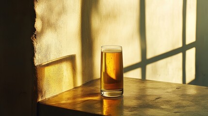 Glass of beer illuminated by warm sunlight casting shadows on a textured surface Copy Space
