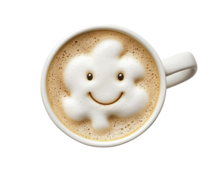 Cup of frothy coffee with smiling face made of foam, isolated on transparent cutout background