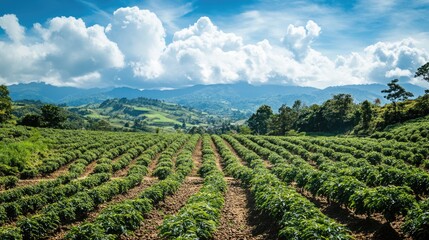 Lush green farmland with rows of crops under a blue sky and white clouds with distant mountains in the background and ample Copy Space.