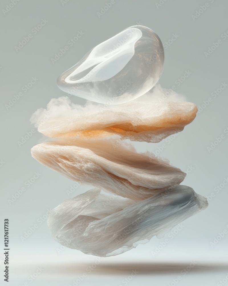 Poster floating transparent layers textures in minimalistic design studio abstract art soft color palette