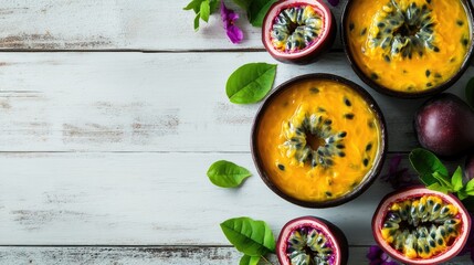 Freshly cut passion fruit halves and bowls with passion fruit pulp on rustic wooden table with green leaves and purple flowers Copy Space