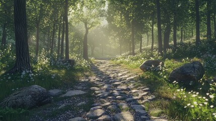 Sunlit forest pathway lined with stones, surrounded by trees and wildflowers, creating a lush green environment, with Copy Space.