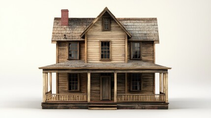 Realistic vintage wooden house model with detailed architecture and weathered appearance on plain background with copy space