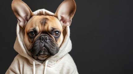 Fototapeta premium French Bulldog wearing a hoodie with a serious expression against a dark background with Copy Space for text insertion