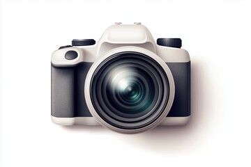 Fototapeta premium Realistic white DSLR camera with detailed lens and body. Photography and media concept for creative designs and clipart.