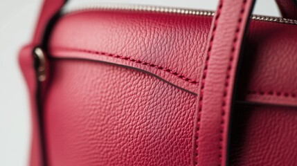 Red leather handbag close-up with detailed texture and stitching Copy Space for text placement
