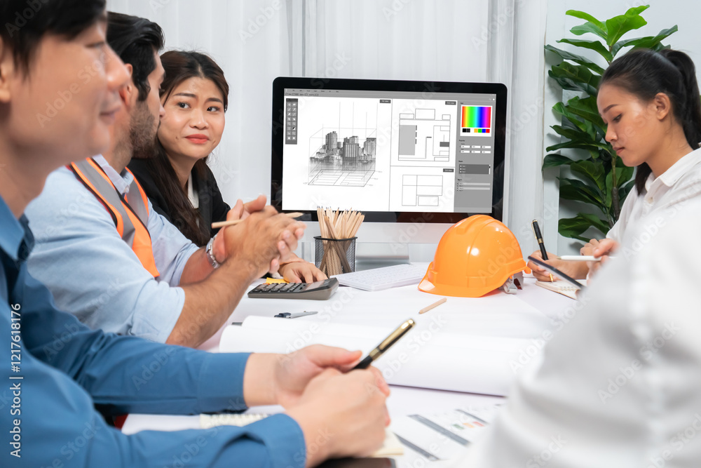 Aufkleber diverse group of civil engineer and client working together on architectural project, reviewing cons