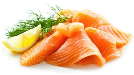 Fresh slices of salmon fillet garnished with dill and lemon wedge on white background with Copy Space