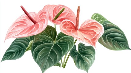 Pink Anthurium Flowers with Green Leaves Isolated on White Background Copy Space