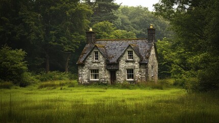 Obraz premium Stone cottage, forest, overgrown field, misty day, travel