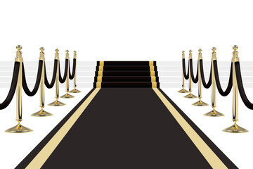 Black carpet with stairs, podium, red ropes and golden stanchions. Vector illustration.