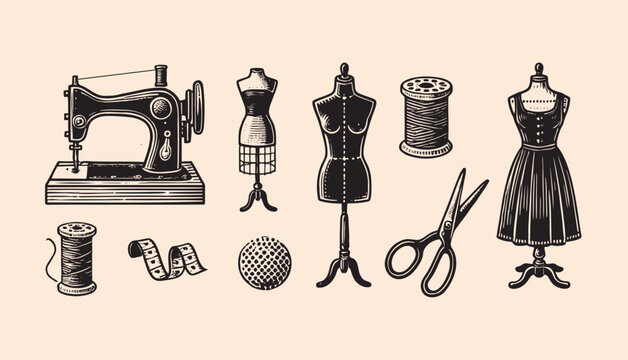 Vintage sewing tools and mannequins in engraving style vector illustration icon set