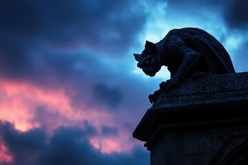 Fototapeta premium A menacing gargoyle statue perched atop a building silhouetted against a dramatic twilight sky.