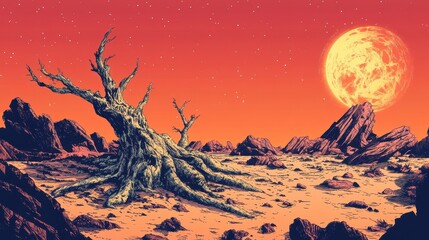 Alien Landscape Featuring a Barren Tree Underneath a Large Moon