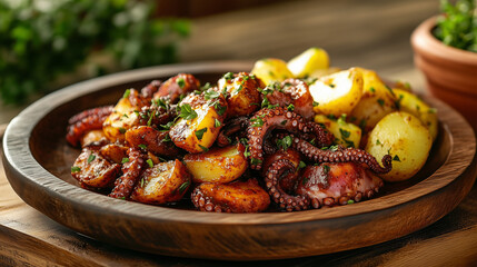  Pulpo a la Gallega served on a wooden plate, featuring tender slices of octopus with paprika, olive oil, and coarse sea salt, with parsley, accompanied by boiled potatoes, set on a rustic table