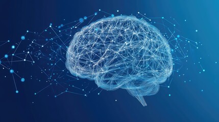 Wireframe brain illustration with digital connections on blue background with copy space for technology or neuroscience concepts