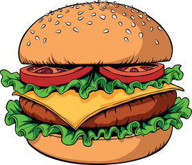 beef burger, traditional beef hamburger with all the extras onions, tomatoes, cheese and lettuce realistic illustration graphic design