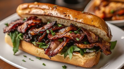 Bacon sandwich with greens on a toasted bun served on a white plate with barbecue sauce and herbs Copy Space