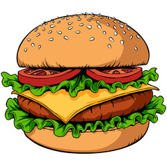 beef burger, traditional beef hamburger with all the extras onions, tomatoes, cheese and lettuce realistic illustration graphic design