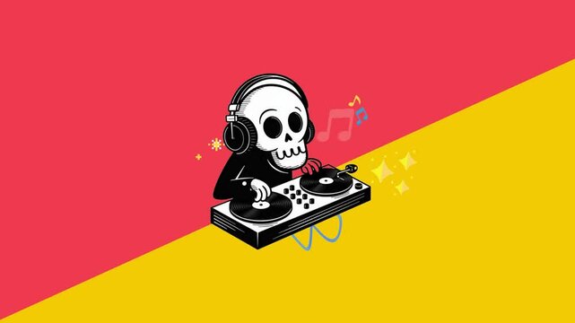 A skull with crossbones playing dj on red or yellow background.